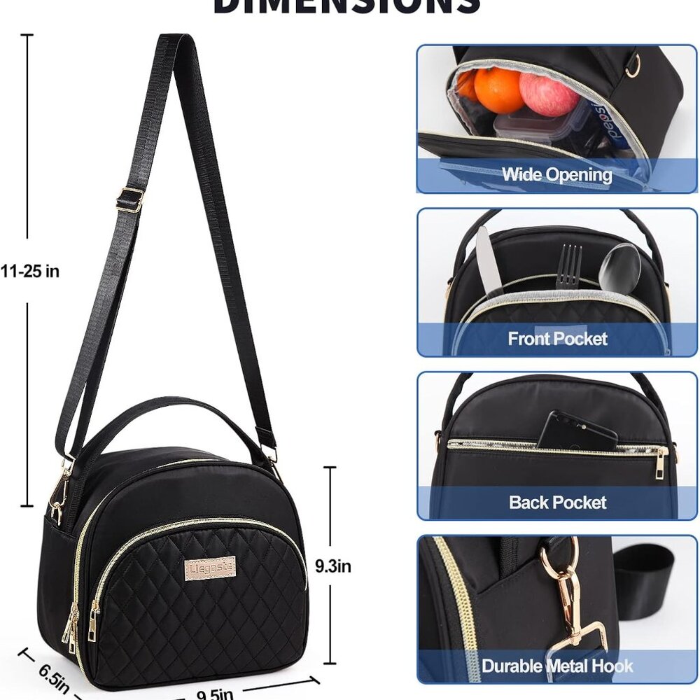 Black Cute Insulated Lunch Tote Bag for Women Work,Reusable Adult Lunch Box for - Picture 3 of 6
